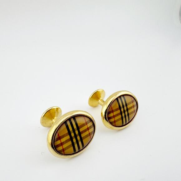 Vintage Plaid Gold Tone Cufflinks Oval Button Style - Picture 9 of 10